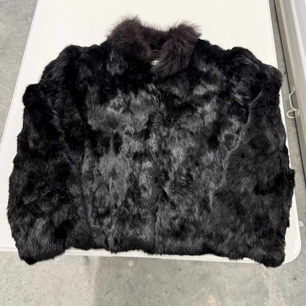 Black Rabbit Fur Jacket Coat Collar Button Front Made in Hong Kong Size S